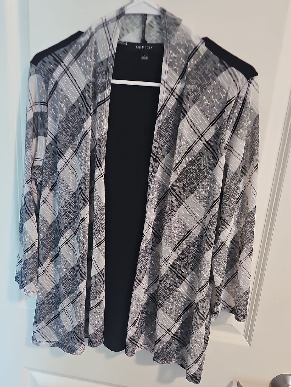 Liz Claiborne Black and Gray Plaid Open-Front Cardigan